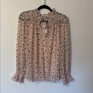 BNWT. Loft. Size Large. Floral Pink Blouse, ruffle, tie collar.